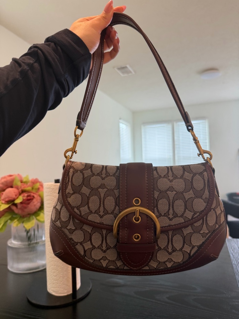 Coach Signature Canvas Shoulder Bag in Brown with Gold Hardware